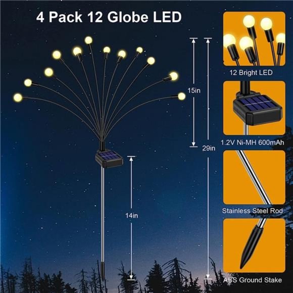 4 Pack 12 LED Solar Garden Lights, Firefly Lights Solar Outdoor Waterproof - Picture 5 of 6